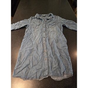 Love Heart Womens Chambray Denim Button Shirt Tunic Dress Blue Size M
